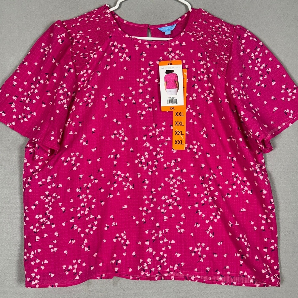NEW Draper James Top Womens 2XL Floral Pink Smocked Blouse Casual Short Sleeve